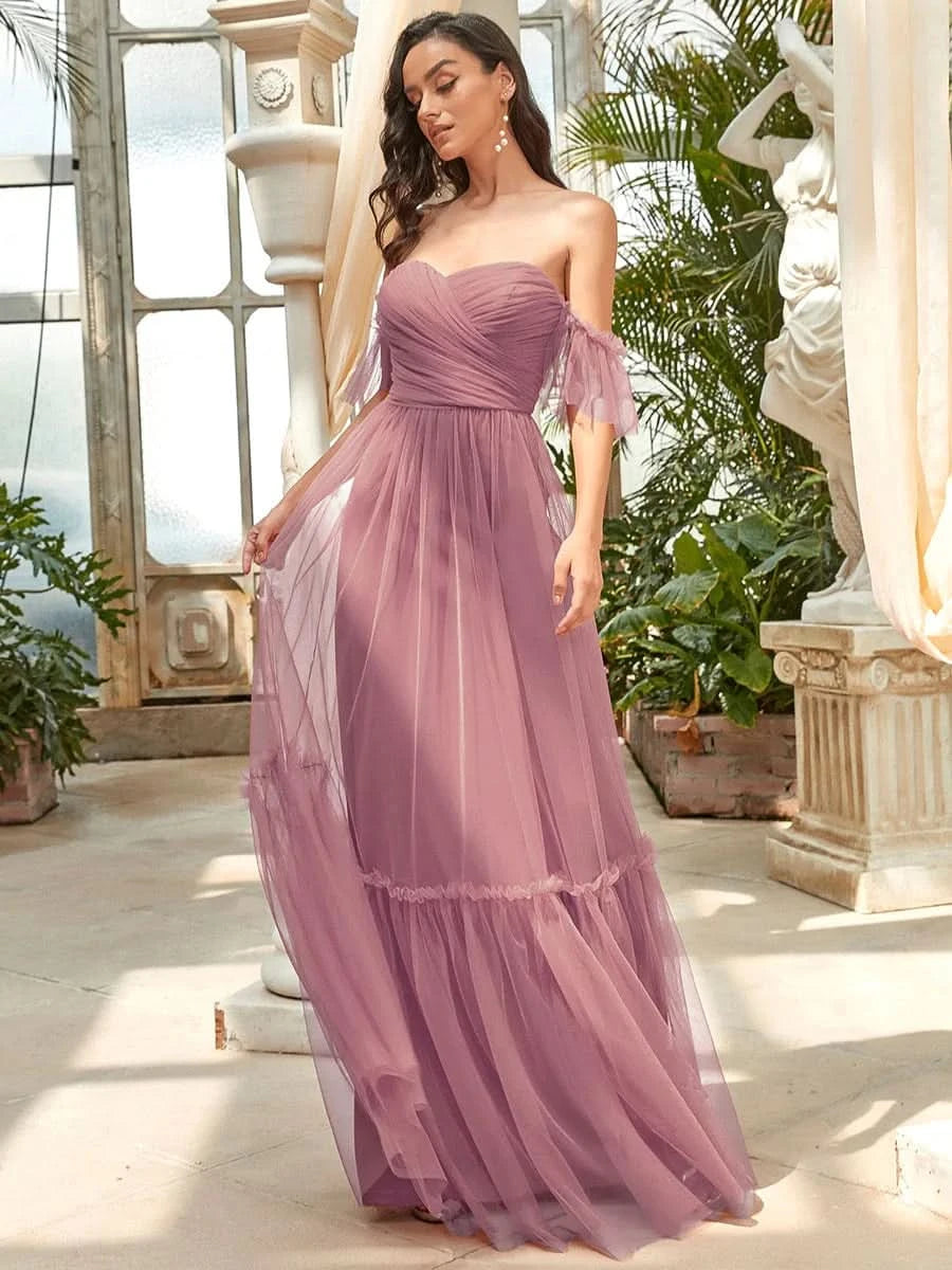 Größe Nach Maß Schulterfreies plissiertes Tüll-Abendkleid mit Herzausschnitt 50126