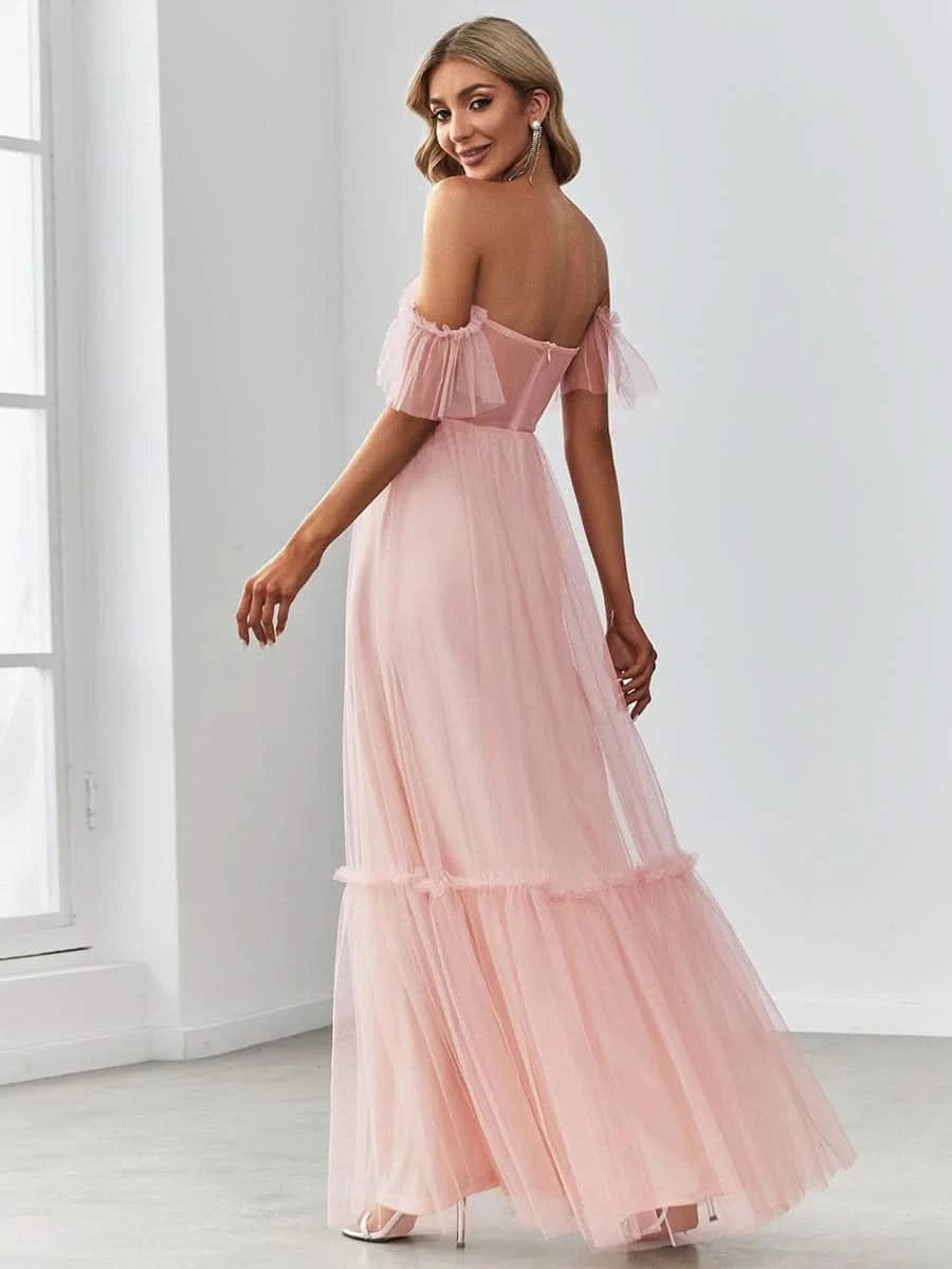 Größe Nach Maß Schulterfreies plissiertes Tüll-Abendkleid mit Herzausschnitt 50126
