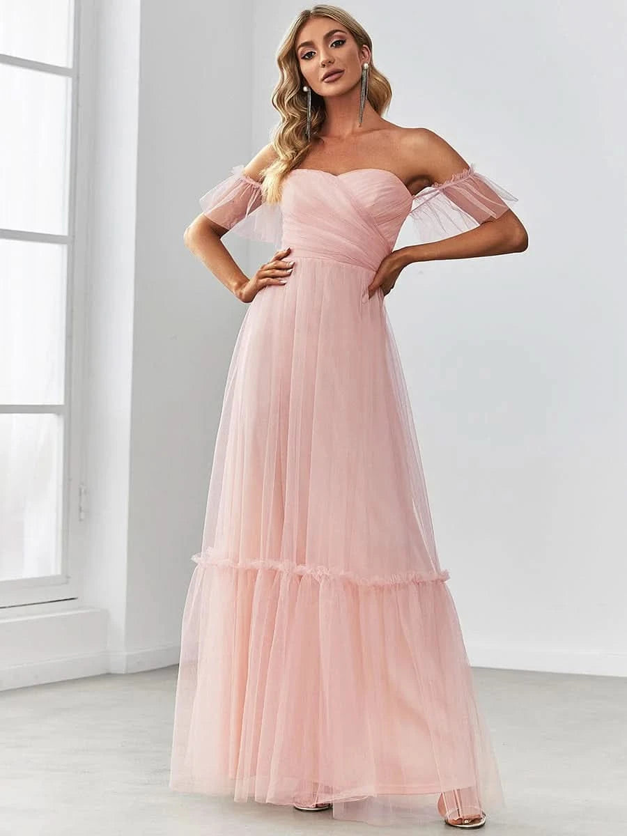 Größe Nach Maß Schulterfreies plissiertes Tüll-Abendkleid mit Herzausschnitt 50126
