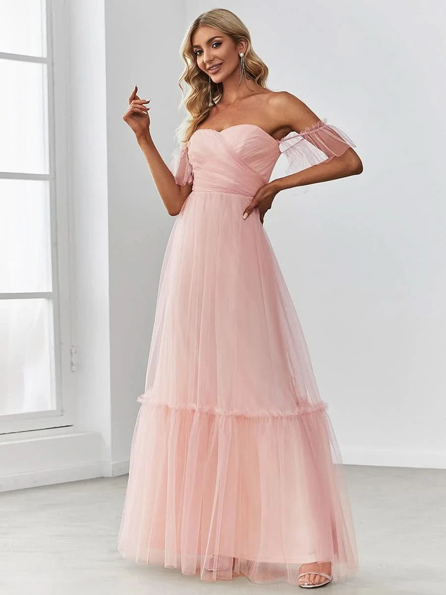 Größe Nach Maß Schulterfreies plissiertes Tüll-Abendkleid mit Herzausschnitt 50126