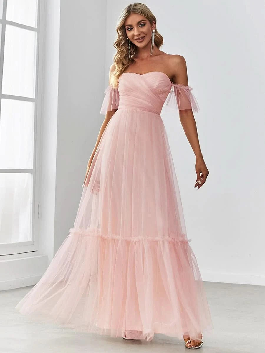 Größe Nach Maß Schulterfreies plissiertes Tüll-Abendkleid mit Herzausschnitt 50126