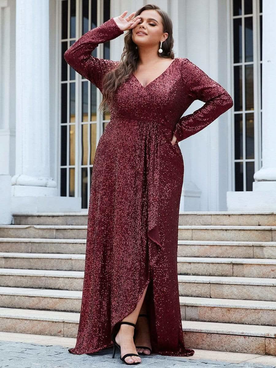 Größe Nach Maß Pailletten V-Ausschnitt langärmliges Abendkleid 50146