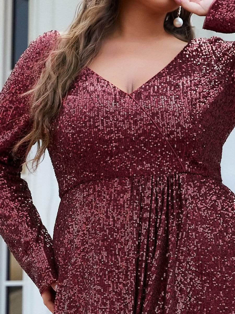 Größe Nach Maß Pailletten V-Ausschnitt langärmliges Abendkleid 50146