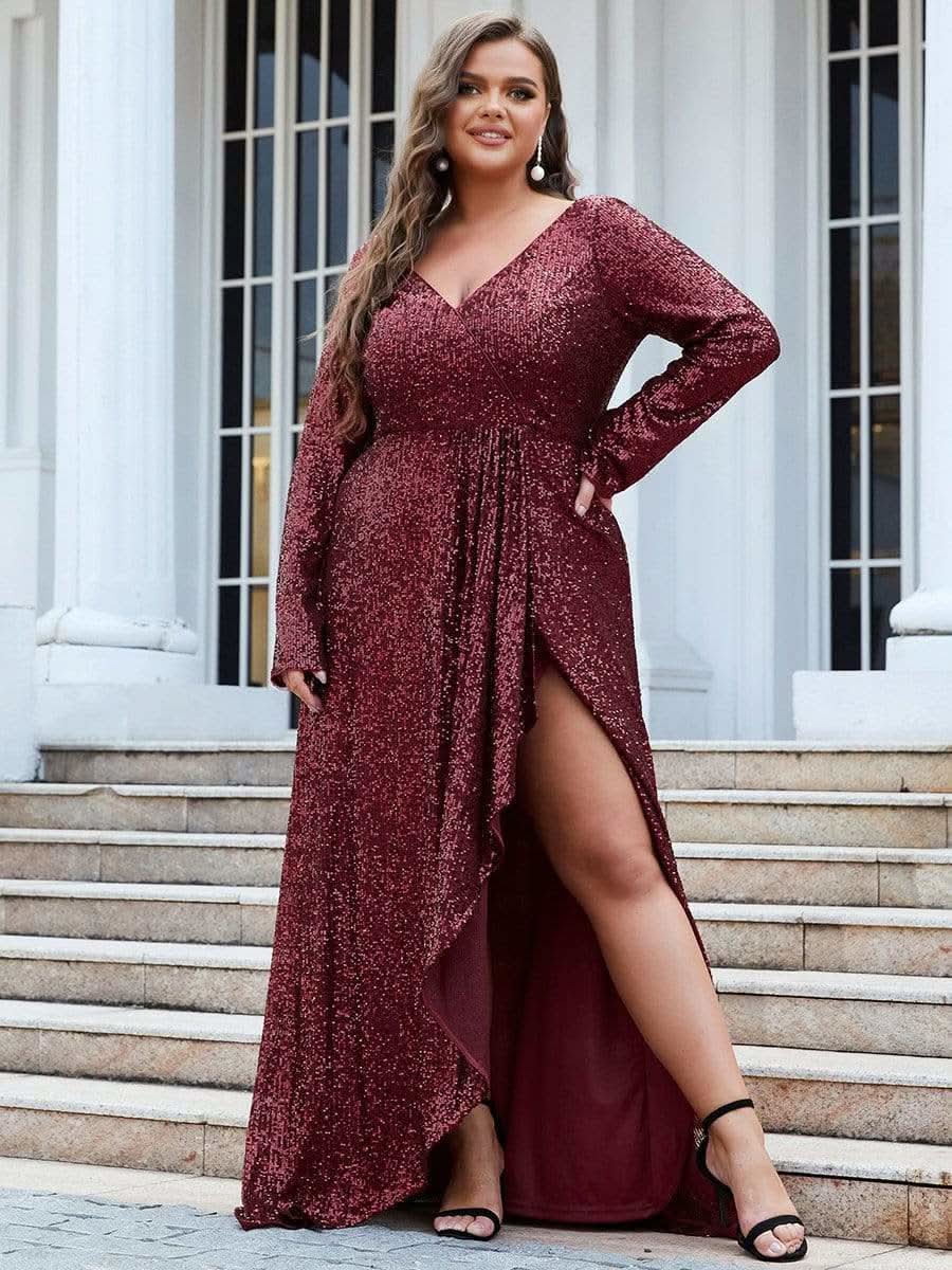 Größe Nach Maß Pailletten V-Ausschnitt langärmliges Abendkleid 50146
