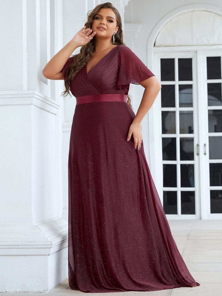 Color=Burgundy | Langes schimmerndes, flatterndes plissiertes Abendkleid mit V-Ausschnitt-Burgundy 6