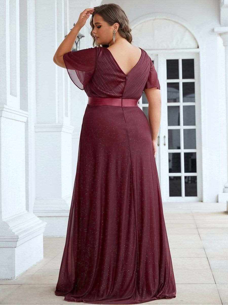 Color=Burgundy | Langes schimmerndes, flatterndes plissiertes Abendkleid mit V-Ausschnitt-Burgundy 7