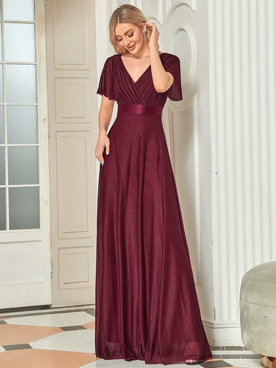 Color=Burgundy | Langes schimmerndes, flatterndes plissiertes Abendkleid mit V-Ausschnitt-Burgundy 1