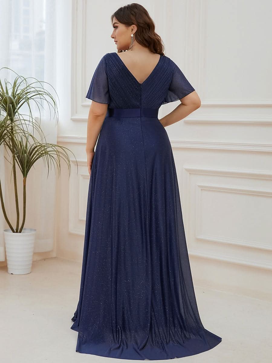 Color=Navy Blau | Langes schimmerndes, flatterndes plissiertes Abendkleid mit V-Ausschnitt-Navy Blau 7