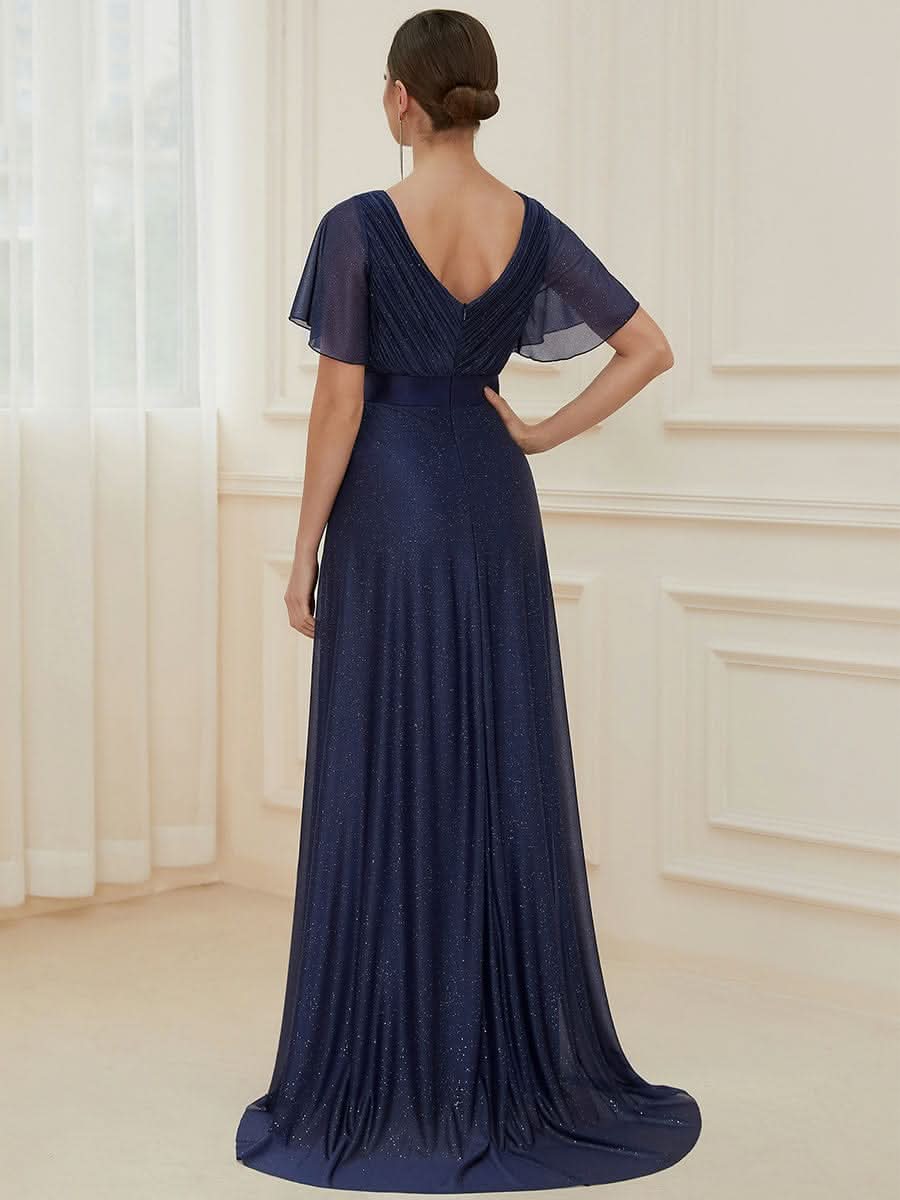 Color=Navy Blau | Langes schimmerndes, flatterndes plissiertes Abendkleid mit V-Ausschnitt-Navy Blau 2