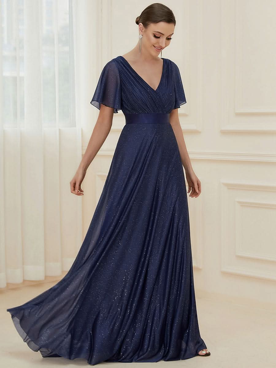 Color=Navy Blau | Langes schimmerndes, flatterndes plissiertes Abendkleid mit V-Ausschnitt-Navy Blau 5