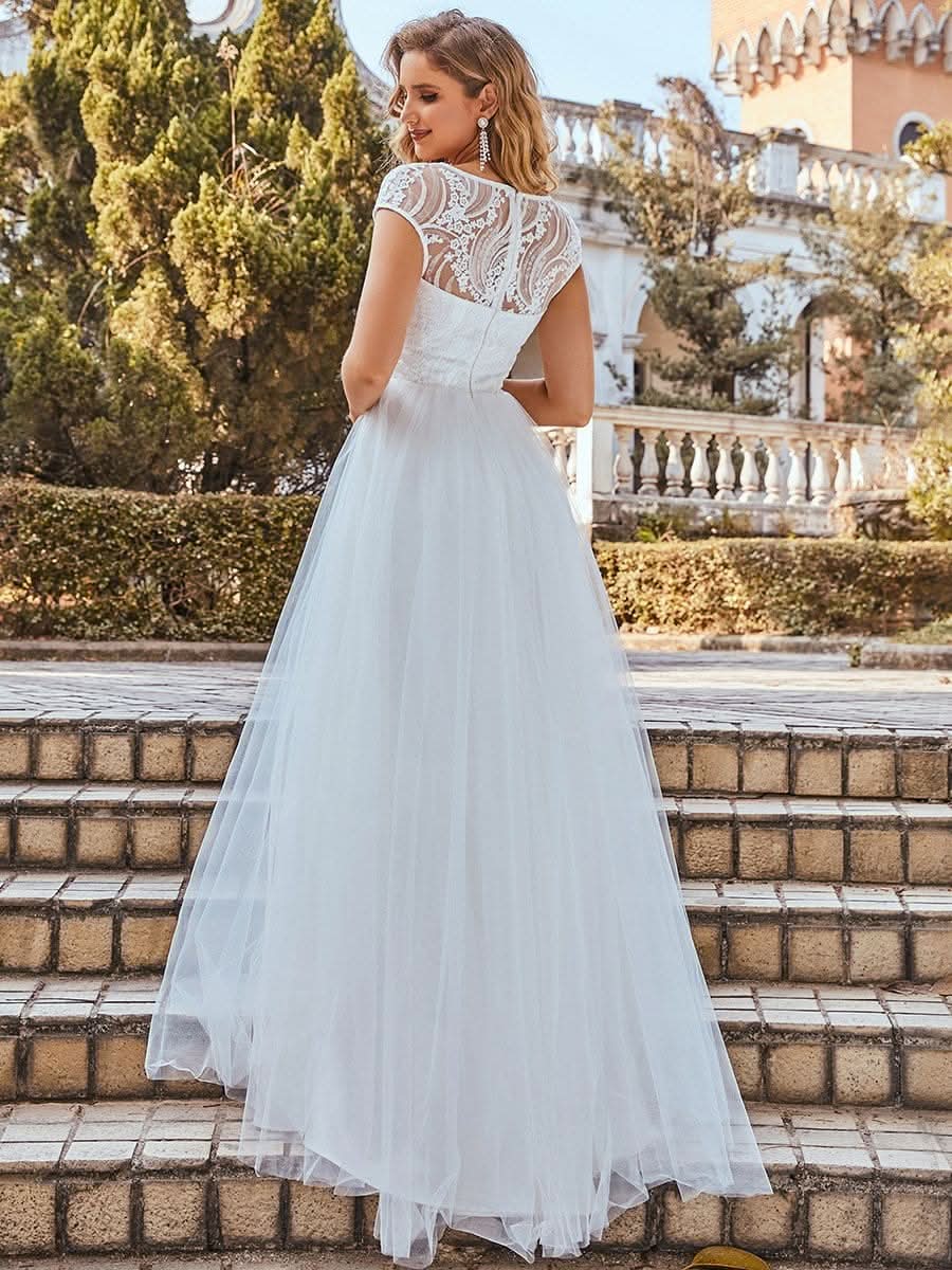 Color=Cream |Elegant Brautkleid mit V-Ausschnitt und Ärmeln 00235-Cream 2