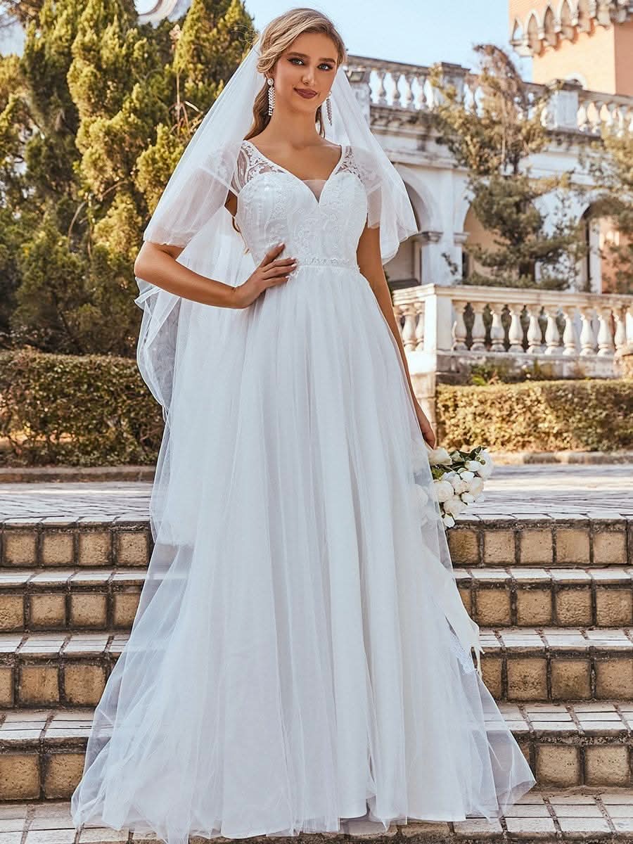 Color=Cream |Elegant Brautkleid mit V-Ausschnitt und Ärmeln 00235-Cream 4