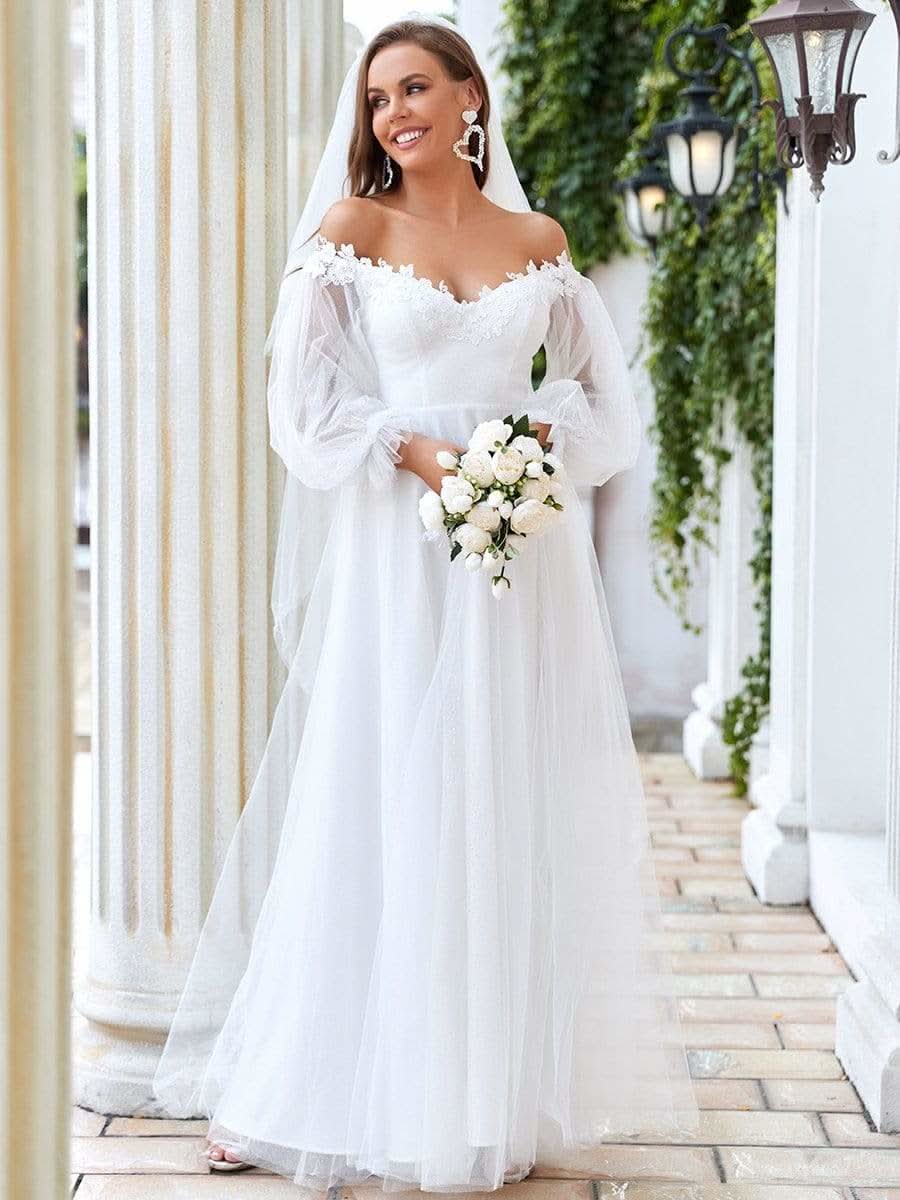 Größe Nach Maß V-Ausschnitt Schulterfreies Brautkleid mit Applikationen 90326