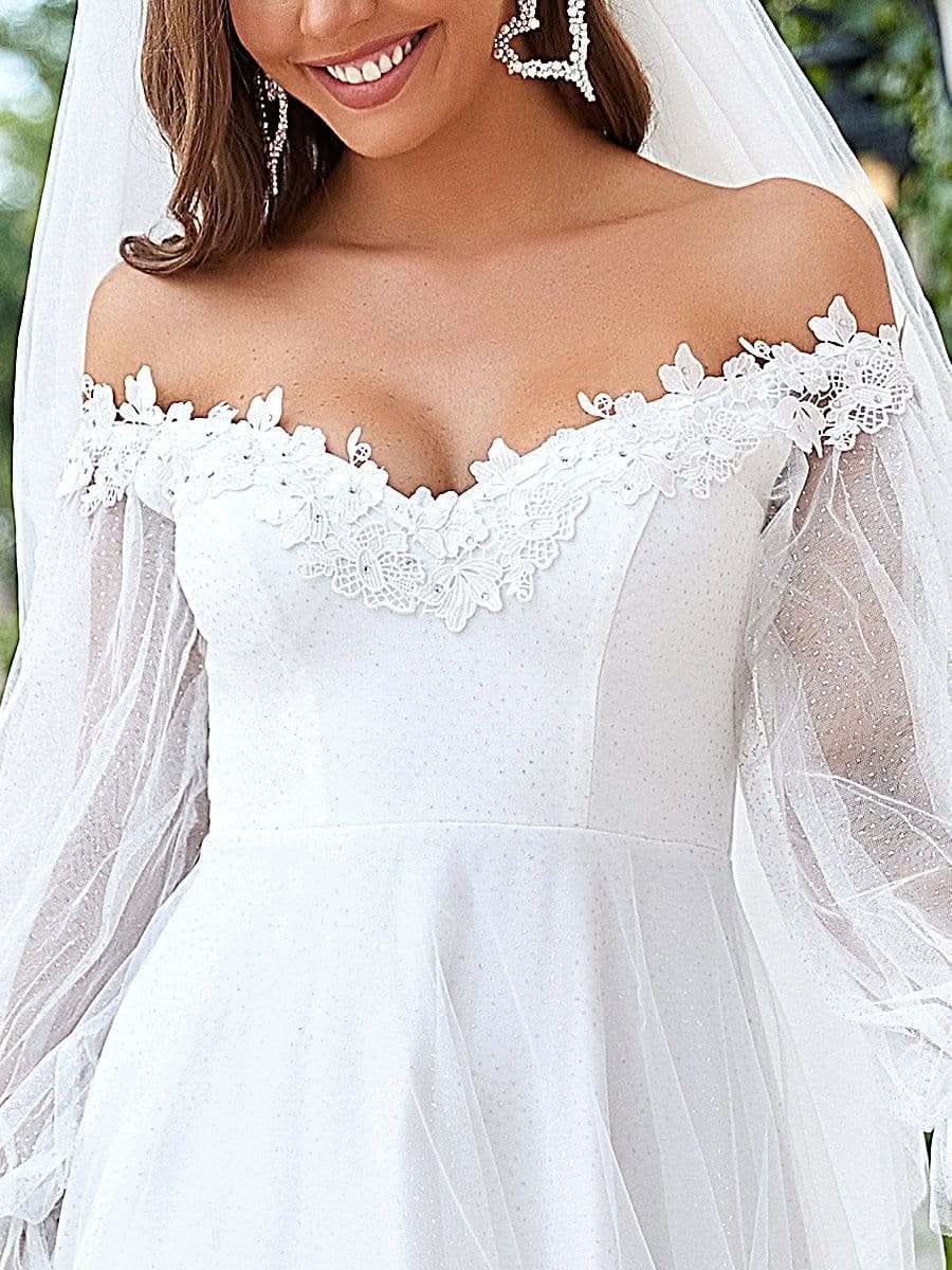 Größe Nach Maß V-Ausschnitt Schulterfreies Brautkleid mit Applikationen 90326