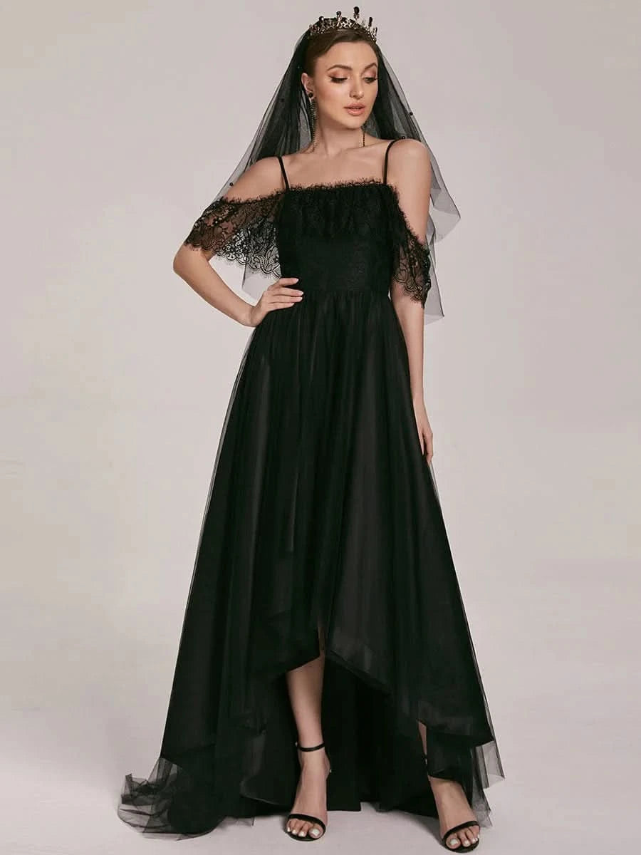 Größe Nach Maß Spaghettiträger Cold Shoulder High Low Lace Hochzeitskleider 90340