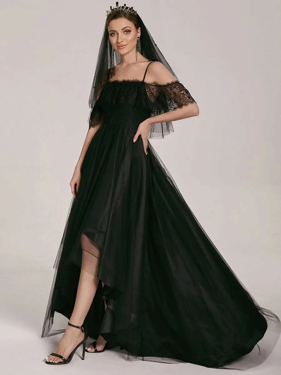 Größe Nach Maß Spaghettiträger Cold Shoulder High Low Lace Hochzeitskleider 90340