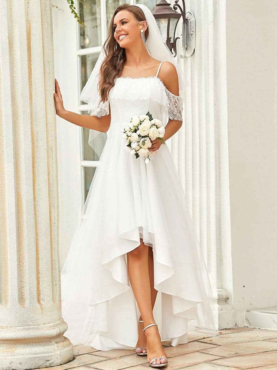 Größe Nach Maß Spaghettiträger Cold Shoulder High Low Lace Hochzeitskleider 90340