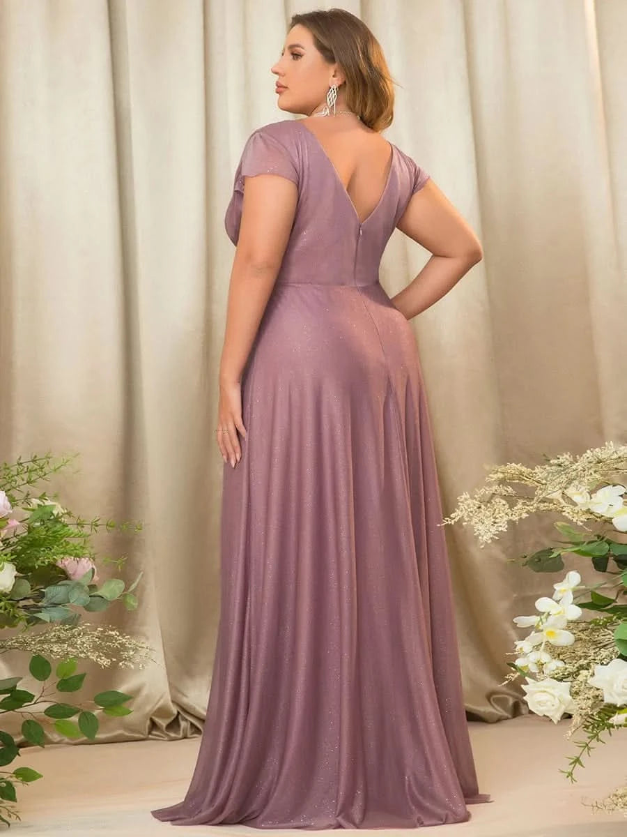 Color=Orchid | Plus Size Glitzernd Plissee A-Linie Langes Kleid für Brautmutter- Orchid 2