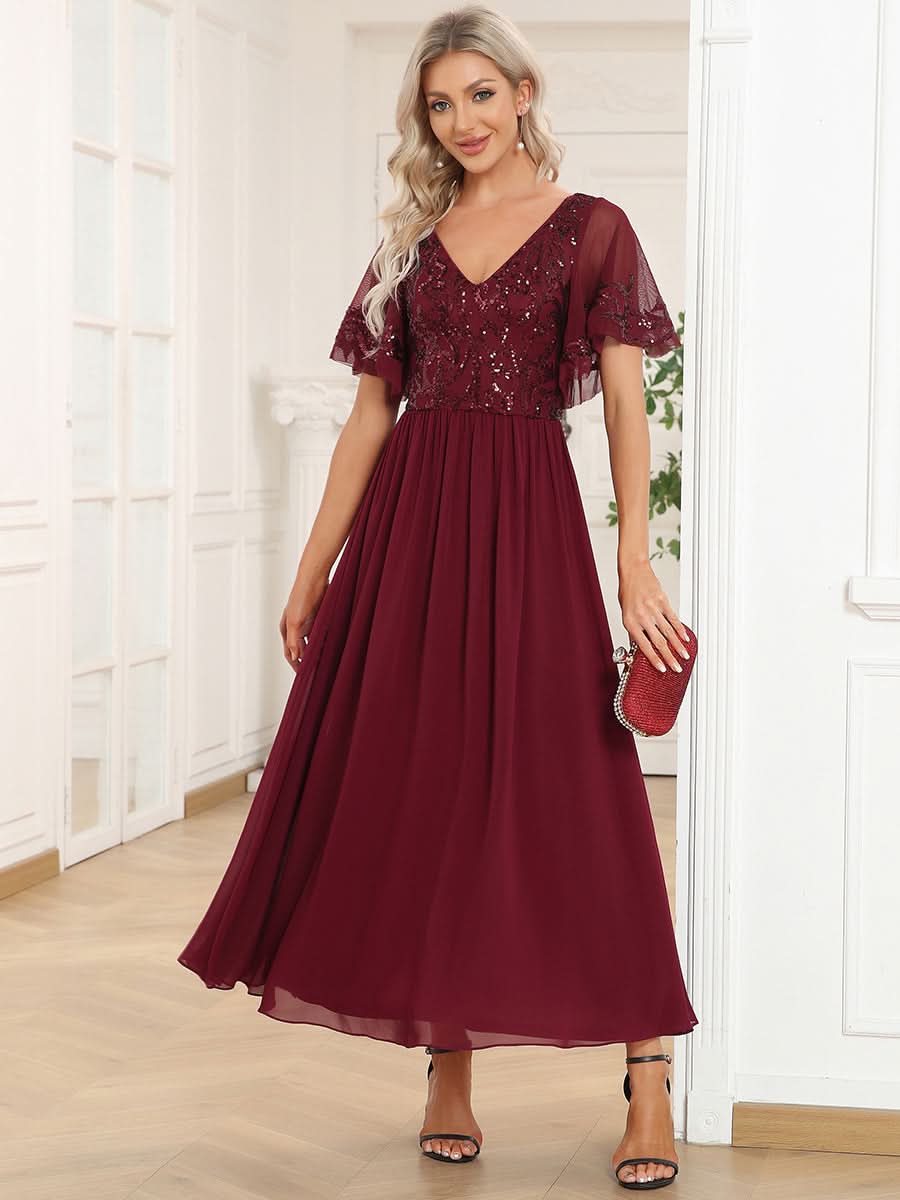 Größe Nach Maß V-Ausschnitt Kurzarm Pailletten Mieder Kleid für die Brautmutter EM01583