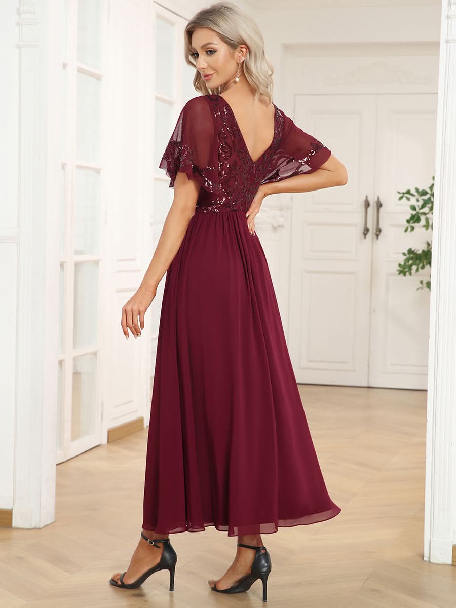 Größe Nach Maß V-Ausschnitt Kurzarm Pailletten Mieder Kleid für die Brautmutter EM01583