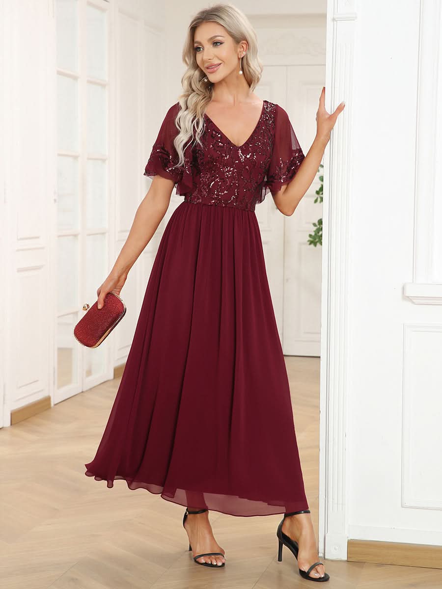 Größe Nach Maß V-Ausschnitt Kurzarm Pailletten Mieder Kleid für die Brautmutter EM01583