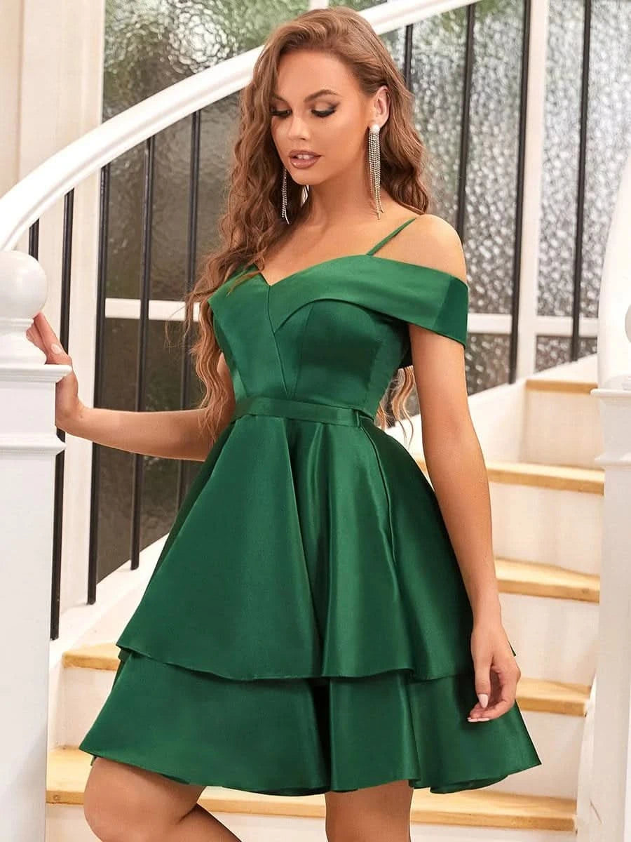 Größe Nach Maß Schulterfreies kurzes Abendkleid mit Rüschen EO30005