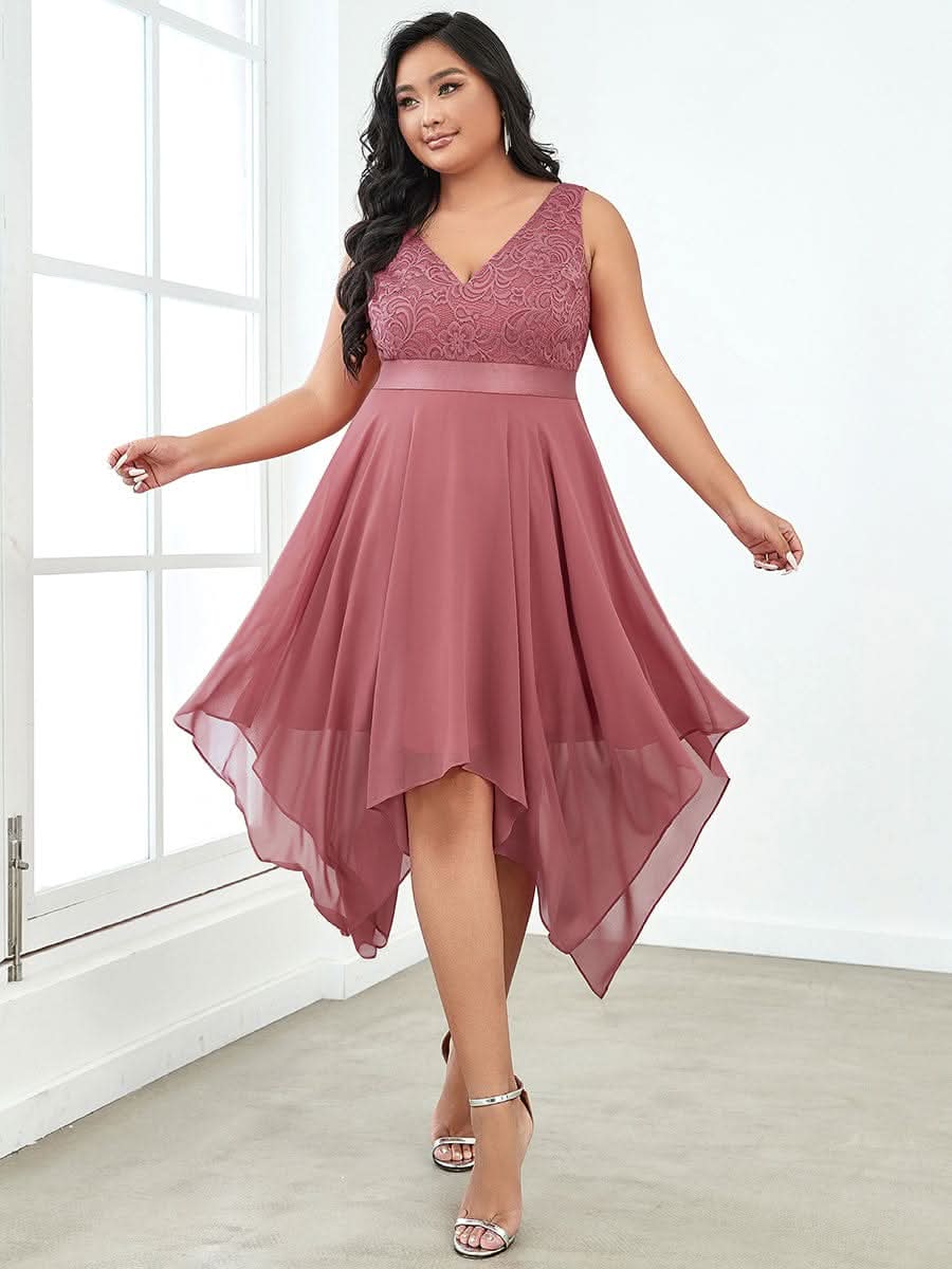 Plus Size V-Ausschnitt Chiffon Spitzenkleider Promkleider #farbe_Korallen Rosa