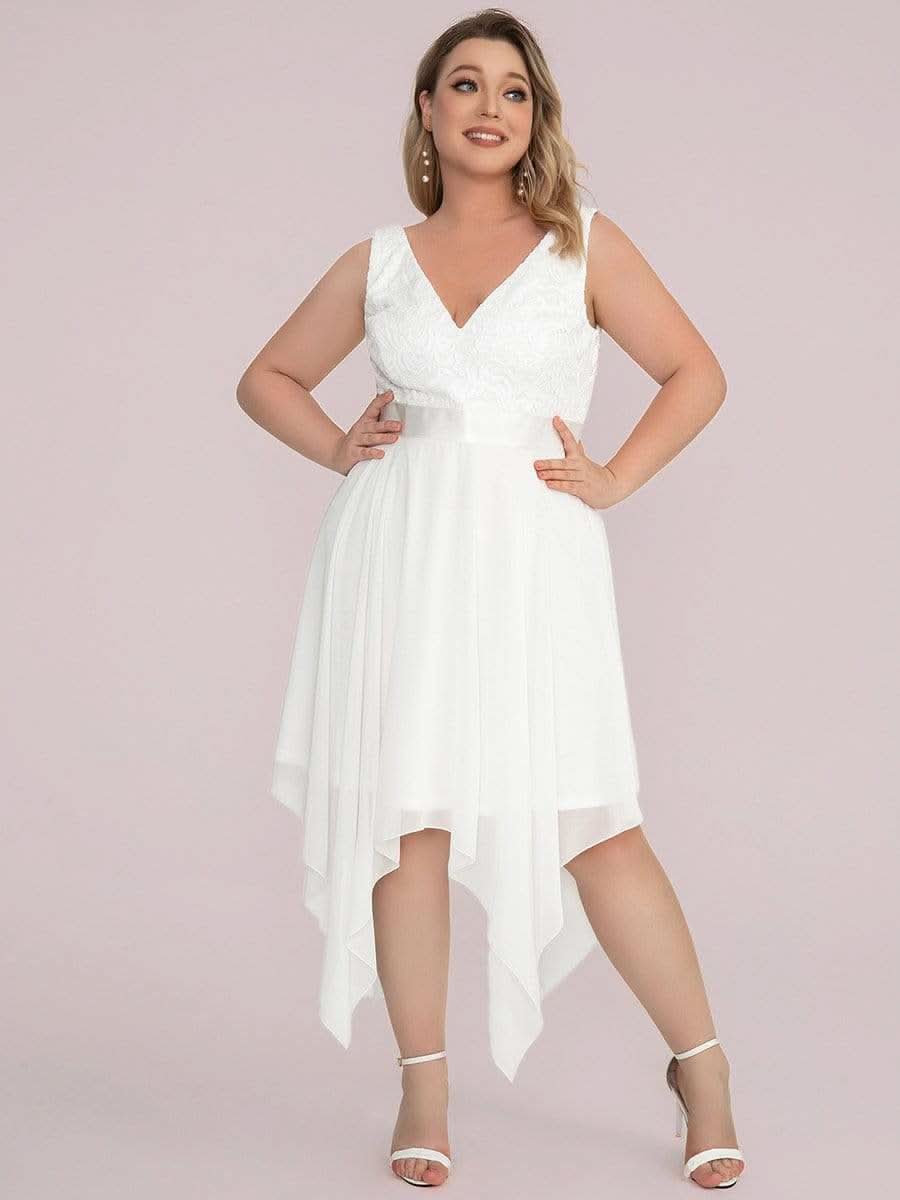Plus Size V-Ausschnitt Chiffon Spitzenkleider Promkleider #farbe_Cream