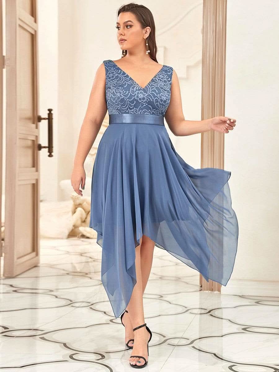 Plus Size V-Ausschnitt Chiffon Spitzenkleider Promkleider #farbe_Dusty Navy