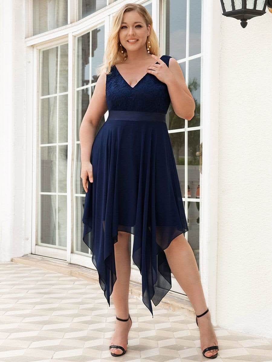 Plus Size V-Ausschnitt Chiffon Spitzenkleider Promkleider #farbe_Navy Blau