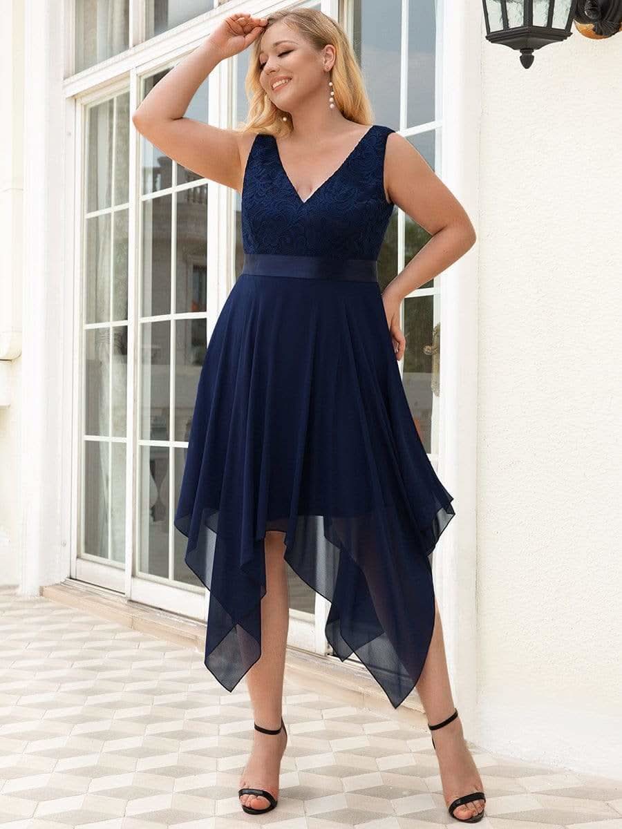 Plus Size V-Ausschnitt Chiffon Spitzenkleider Promkleider #farbe_Navy Blau