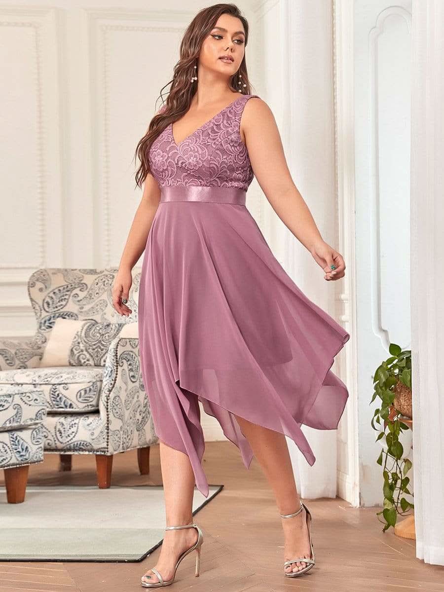 Plus Size V-Ausschnitt Chiffon Spitzenkleider Promkleider #farbe_Orchid