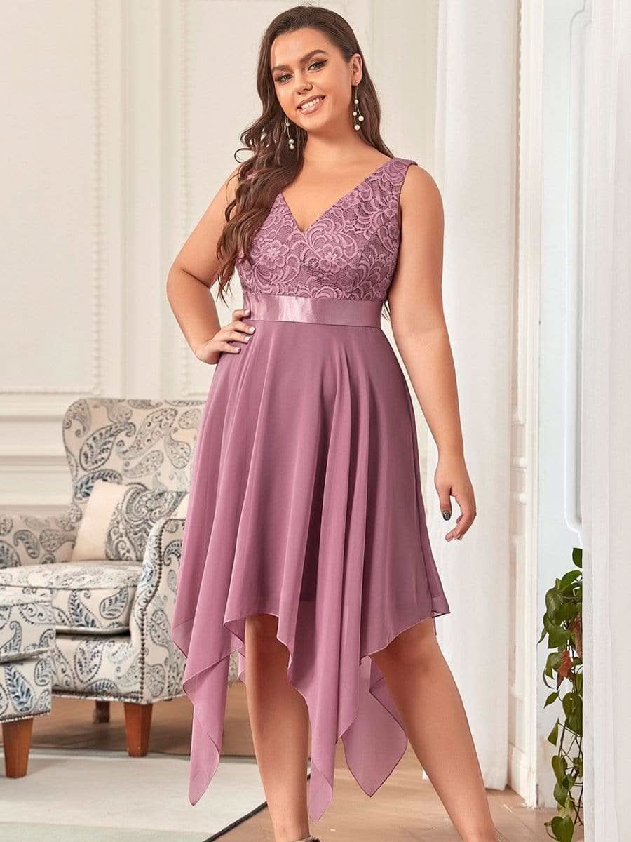 Plus Size V-Ausschnitt Chiffon Spitzenkleider Promkleider #farbe_Orchid