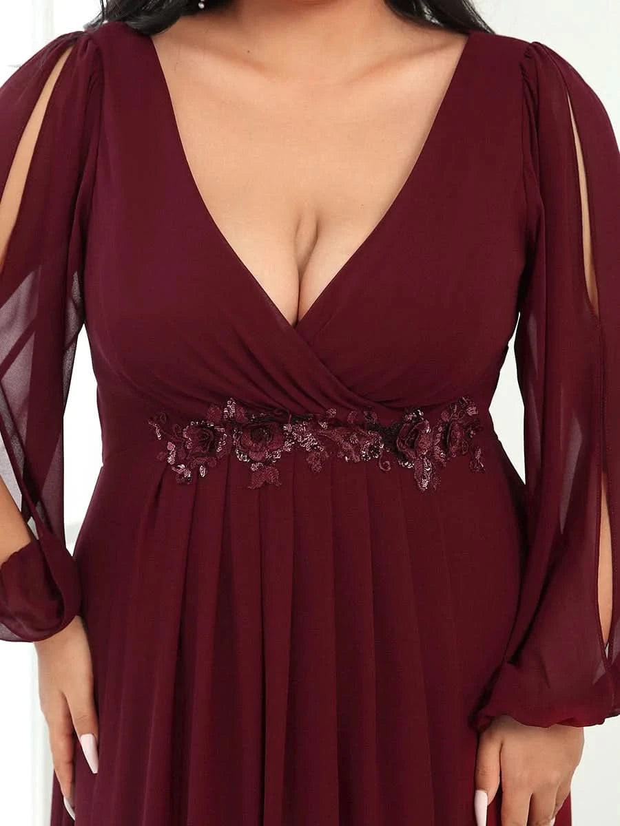 Größe Nach Maß Elegantes tiefes V-Laterne langes Schlitzärmel-Applikations-Maxi-Abendkleid 00461