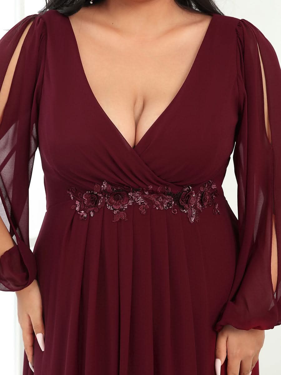 A-Linie Chiffon Lang mit Ärmel Maxikleid Hochzeitsgast Große Größen #Farbe_Burgundy