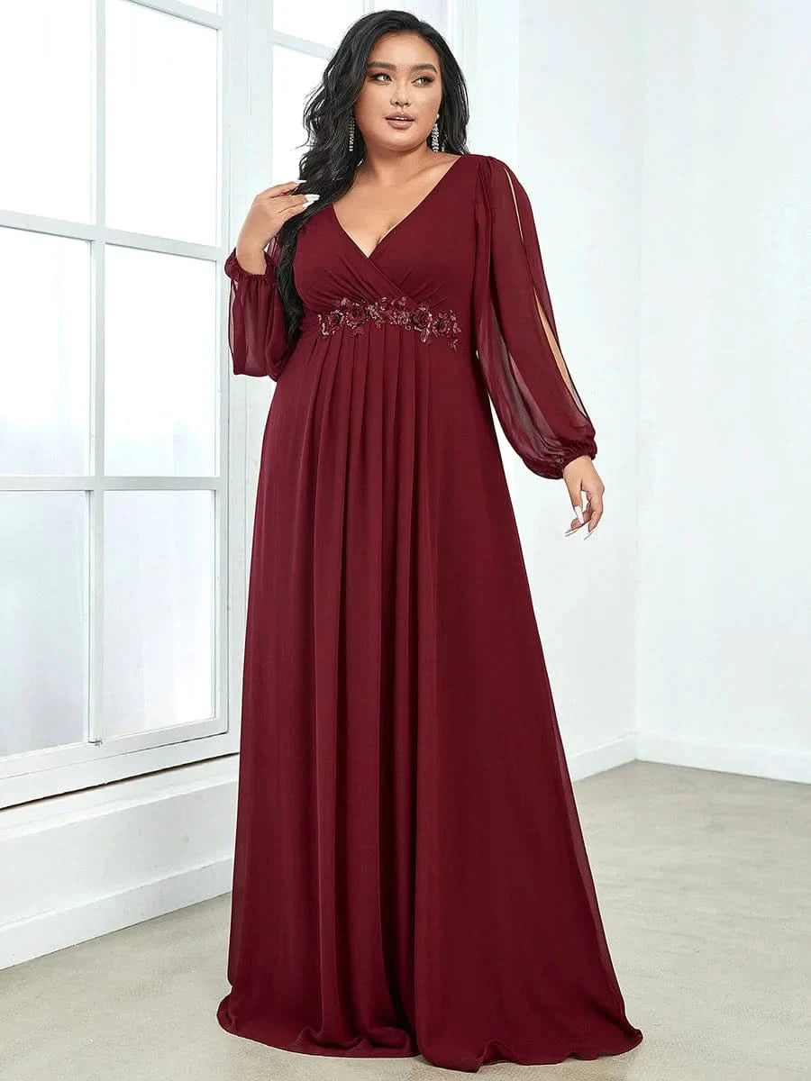 Größe Nach Maß Elegantes tiefes V-Laterne langes Schlitzärmel-Applikations-Maxi-Abendkleid 00461