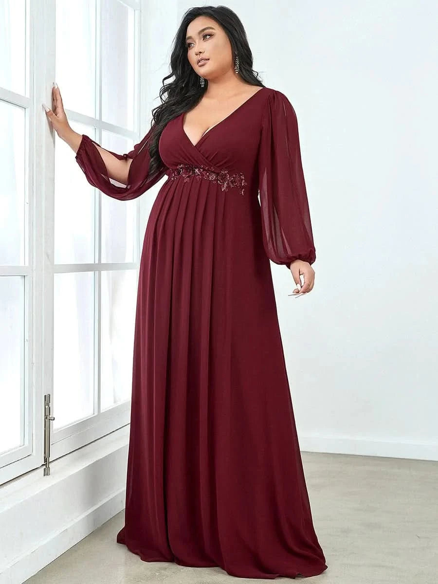 Größe Nach Maß Elegantes tiefes V-Laterne langes Schlitzärmel-Applikations-Maxi-Abendkleid 00461