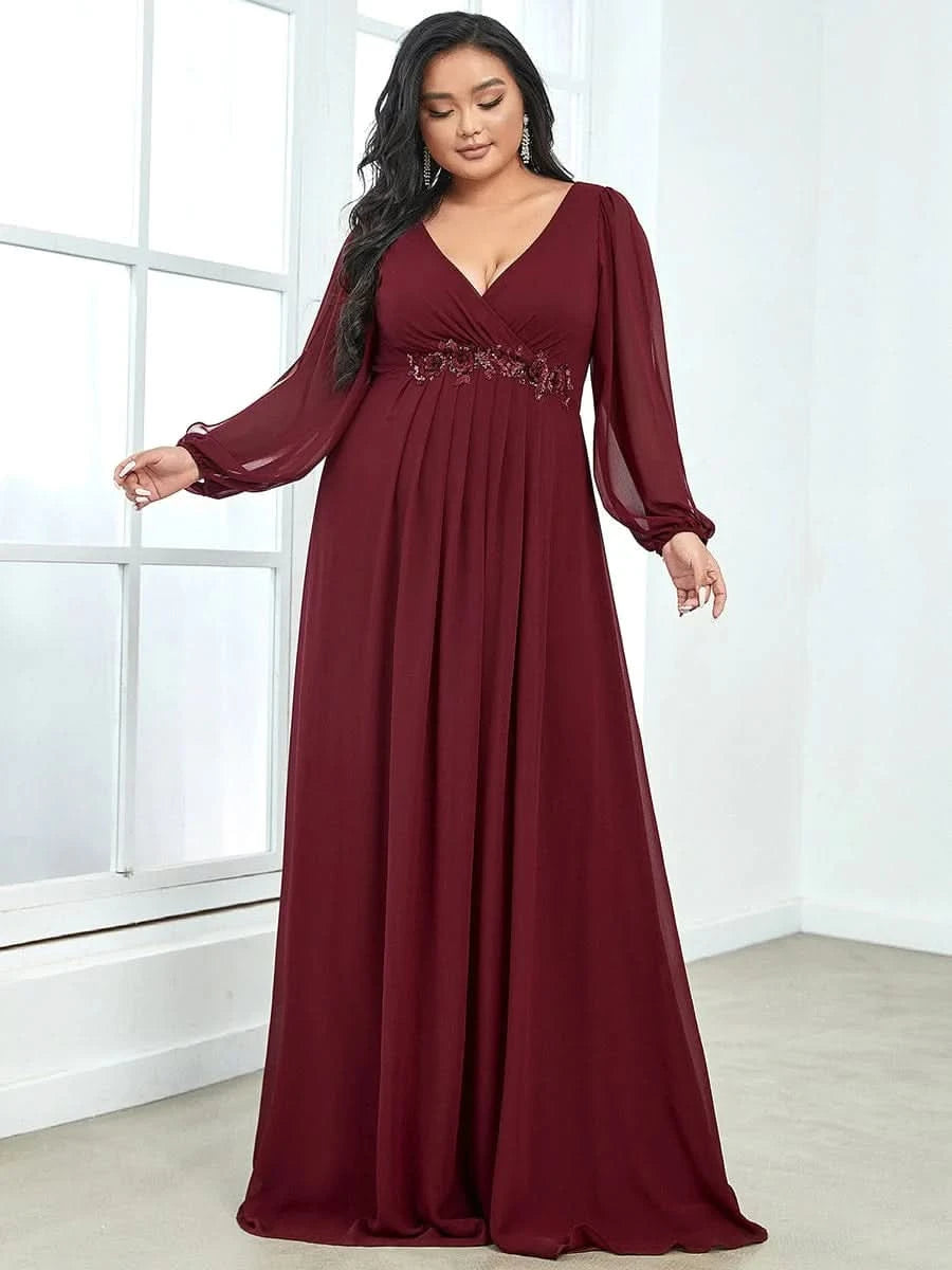 Größe Nach Maß Elegantes tiefes V-Laterne langes Schlitzärmel-Applikations-Maxi-Abendkleid 00461