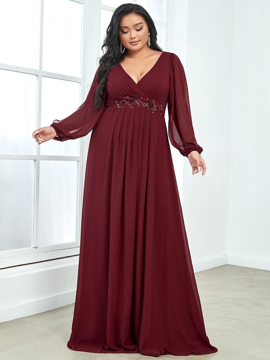 A-Linie Chiffon Lang mit Ärmel Maxikleid Hochzeitsgast Große Größen #Farbe_Burgundy