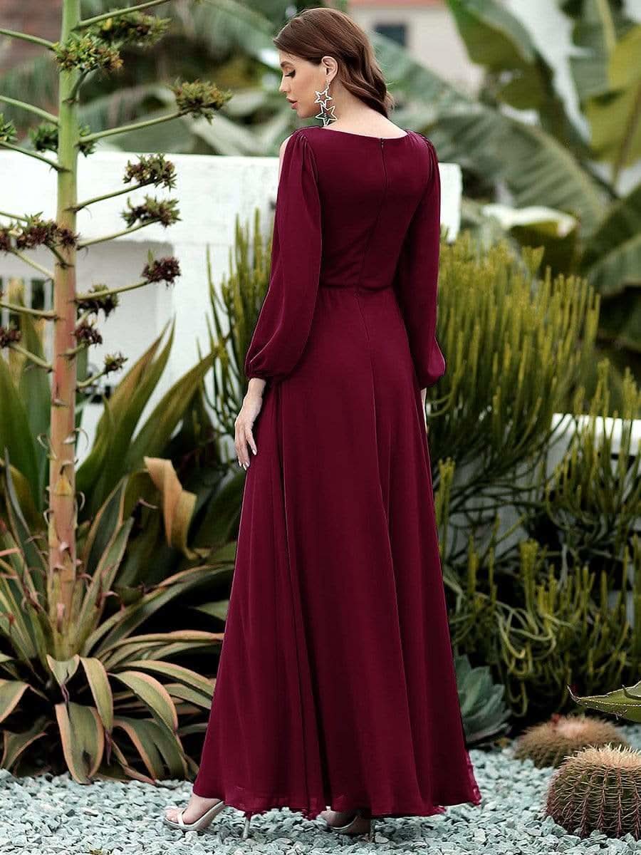 Elegantes tiefes V-Laterne langes SchlitzÄrmel-Applikations-Maxi-Abendkleid #Farbe_Burgundy