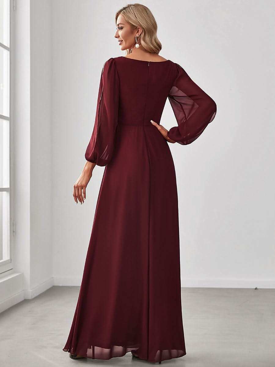 Elegantes tiefes V-Laterne langes SchlitzÄrmel-Applikations-Maxi-Abendkleid #Farbe_Burgundy