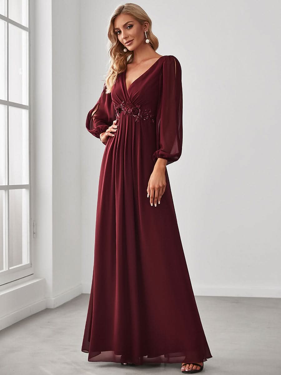 Elegantes tiefes V-Laterne langes SchlitzÄrmel-Applikations-Maxi-Abendkleid #Farbe_Burgundy