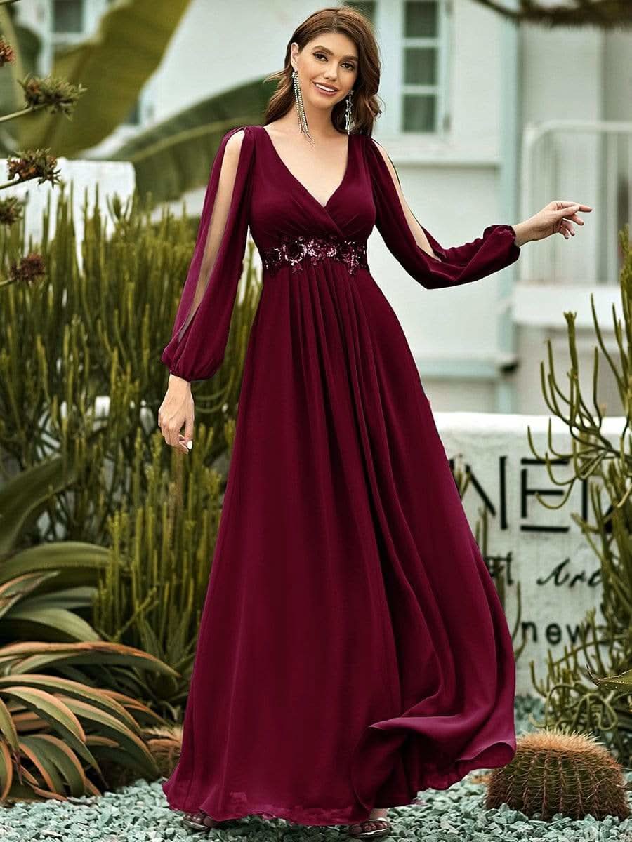 Elegantes tiefes V-Laterne langes SchlitzÄrmel-Applikations-Maxi-Abendkleid #Farbe_Burgundy
