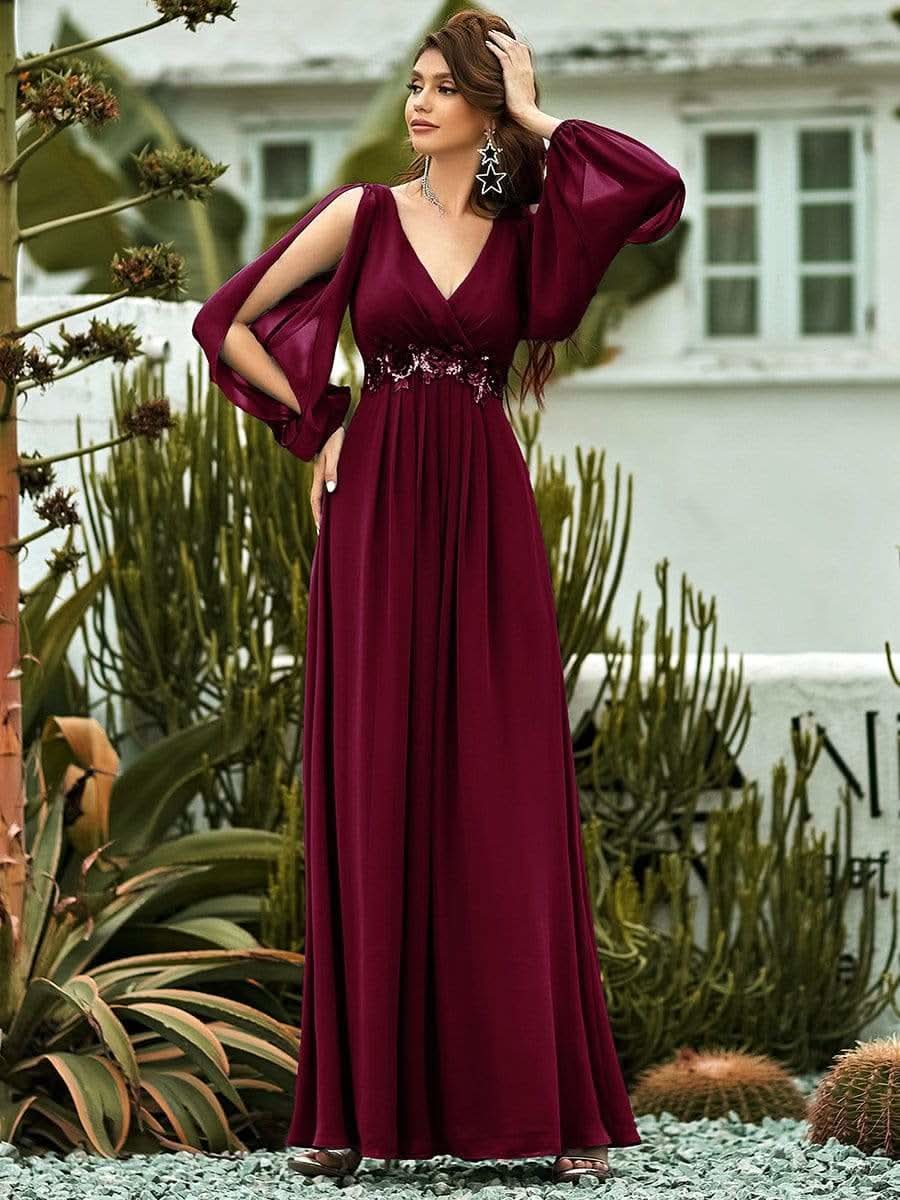Elegantes tiefes V-Laterne langes SchlitzÄrmel-Applikations-Maxi-Abendkleid #Farbe_Burgundy