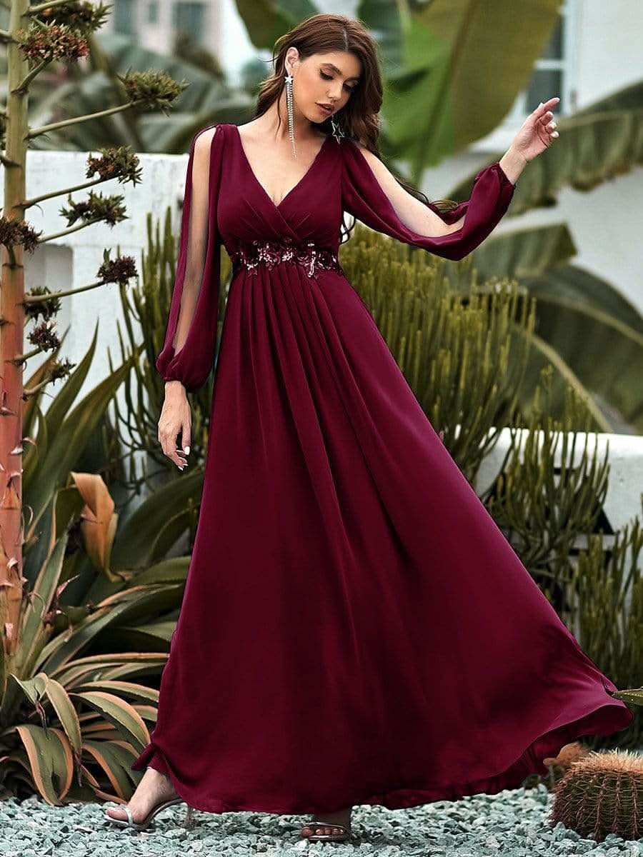 Elegantes tiefes V-Laterne langes SchlitzÄrmel-Applikations-Maxi-Abendkleid #Farbe_Burgundy