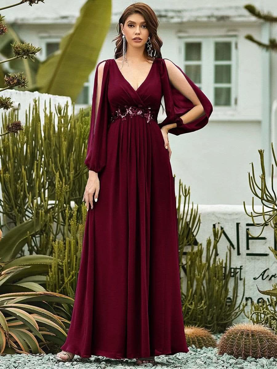 Elegantes tiefes V-Laterne langes SchlitzÄrmel-Applikations-Maxi-Abendkleid #Farbe_Burgundy