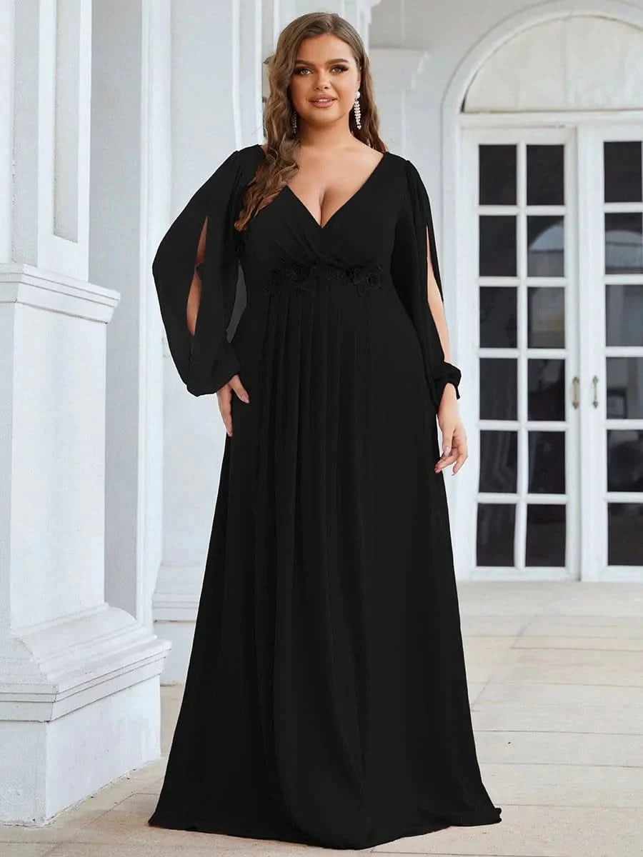 Größe Nach Maß Elegantes tiefes V-Laterne langes Schlitzärmel-Applikations-Maxi-Abendkleid 00461
