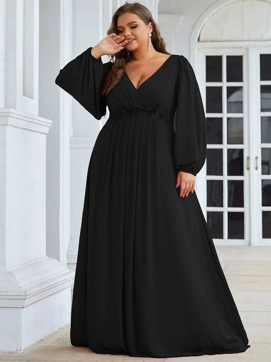 Größe Nach Maß Elegantes tiefes V-Laterne langes Schlitzärmel-Applikations-Maxi-Abendkleid 00461