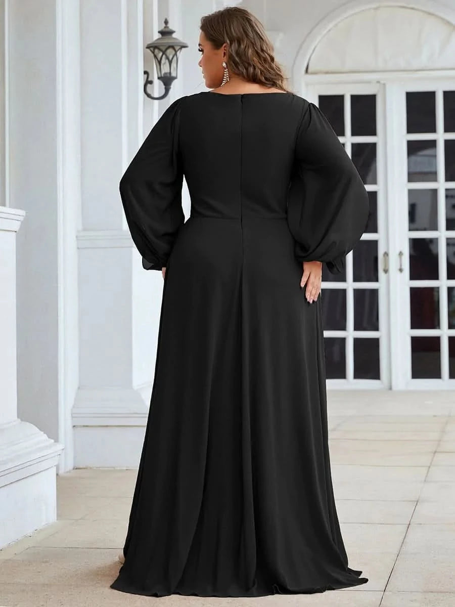 Größe Nach Maß Elegantes tiefes V-Laterne langes Schlitzärmel-Applikations-Maxi-Abendkleid 00461