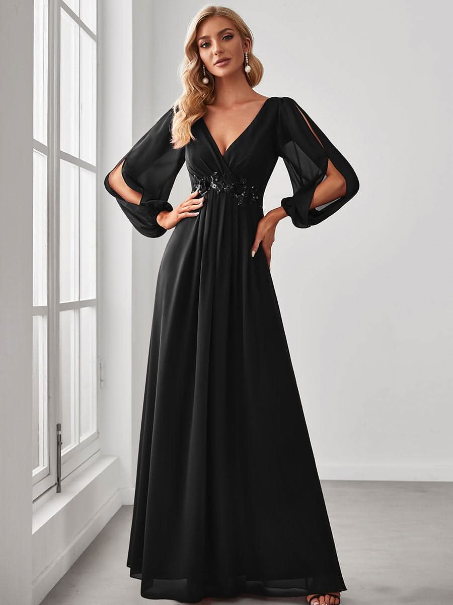 Elegantes tiefes V-Laterne langes SchlitzÄrmel-Applikations-Maxi-Abendkleid #Farbe_Schwarz